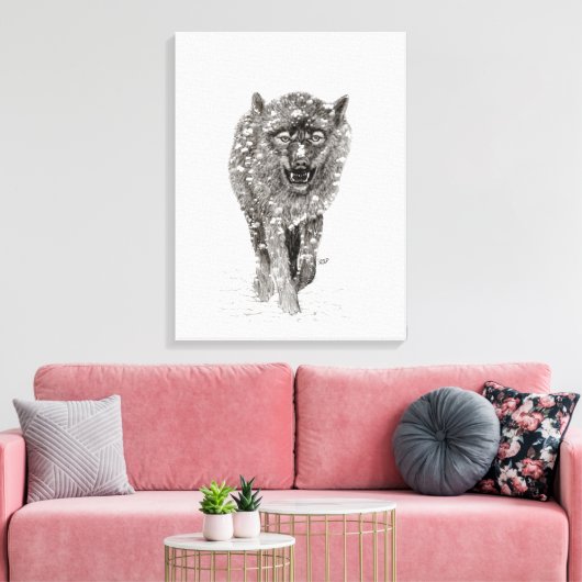 Angry Black Wolf in sneeuw, wilde winter Canvas Afdruk (Insitu (Woonkamer))