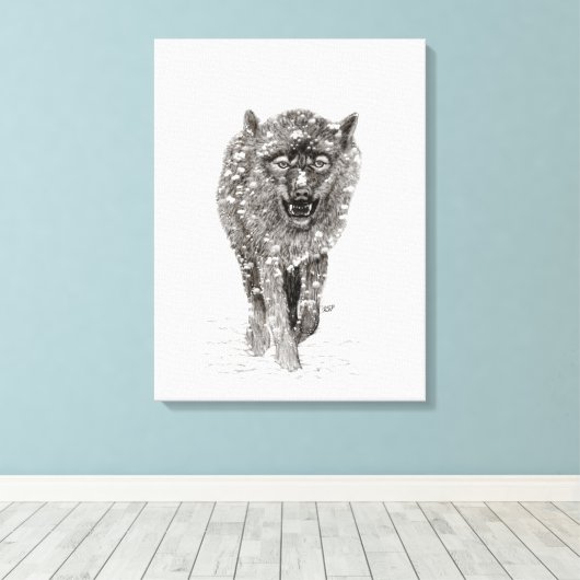 Angry Black Wolf in sneeuw, wilde winter Canvas Afdruk (Insitu (Houten vloer))