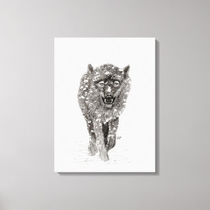 Angry Black Wolf in sneeuw, wilde winter Canvas Afdruk