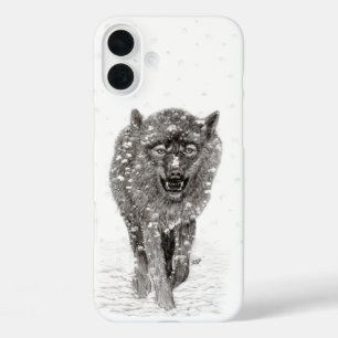 Angry Black Wolf in sneeuw, wilde winter iPhone 16 Plus Hoesje