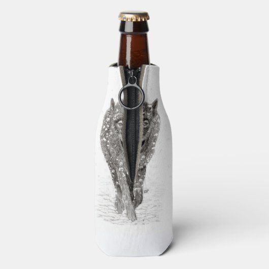 Angry Black Wolf in sneeuw, wilde winter Flesjeskoeler (Fles Achterkant)