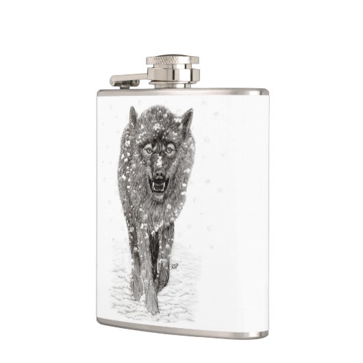 Angry Black Wolf in sneeuw, wilde winter Heupfles (Links)