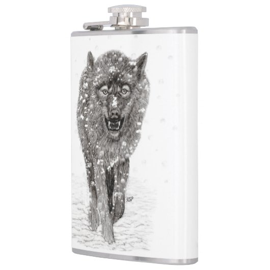 Angry Black Wolf in sneeuw, wilde winter Heupfles (Links)