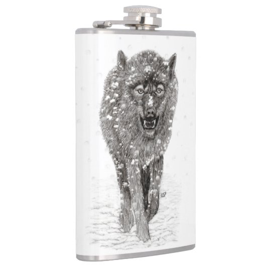 Angry Black Wolf in sneeuw, wilde winter Heupfles (Rechts)