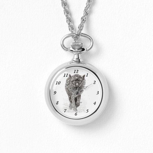 Angry Black Wolf in sneeuw, wilde winter Horloge (Voorkant)
