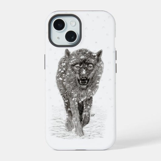 Angry Black Wolf in sneeuw, wilde winter iPhone 15 Case (Achterkant)
