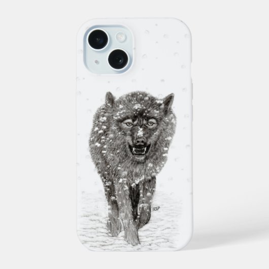 Angry Black Wolf in sneeuw, wilde winter iPhone 15 Case (Achterkant)