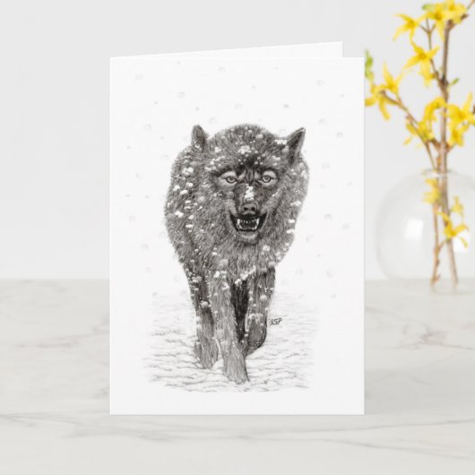 Angry Black Wolf in sneeuw, wilde winter Kaart (Gele Bloem)