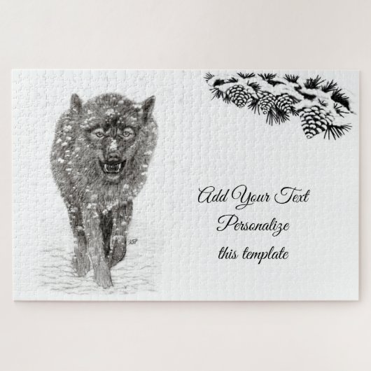 Angry Black Wolf in sneeuw, wilde winter Legpuzzel (Horizontaal)