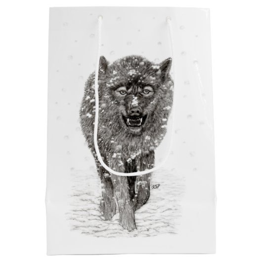 Angry Black Wolf in sneeuw, wilde winter Medium Cadeauzakje (Achterkant)