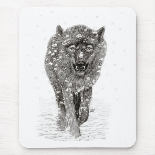 Angry Black Wolf in sneeuw, wilde winter Muismat (Voorkant)