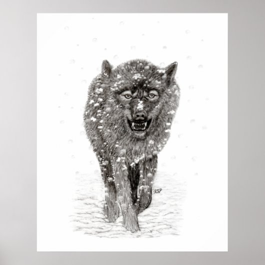 Angry Black Wolf in sneeuw, wilde winter Poster (Voorkant)