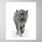 Angry Black Wolf in sneeuw, wilde winter Poster (Voorkant)