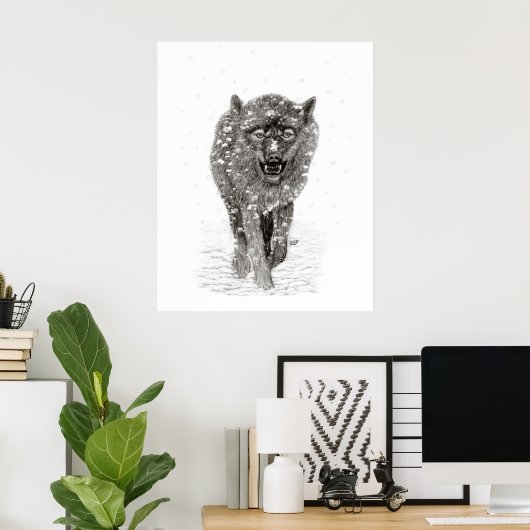 Angry Black Wolf in sneeuw, wilde winter Poster (Thuiskantoor)