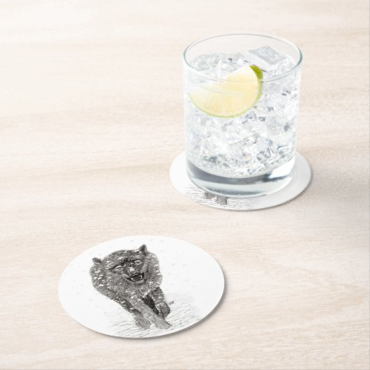 Angry Black Wolf in sneeuw, wilde winter Ronde Kartonnen Onderzetter (Insitu)