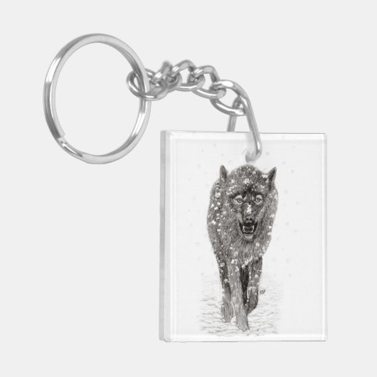 Angry Black Wolf in sneeuw, wilde winter Sleutelhanger (Voorkant Links)