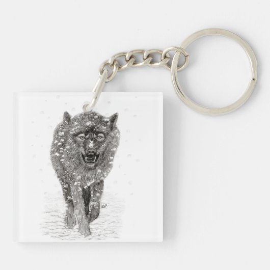 Angry Black Wolf in sneeuw, wilde winter Sleutelhanger (Achterkant)