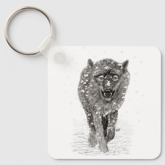 Angry Black Wolf in sneeuw, wilde winter Sleutelhanger (Voorkant)
