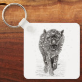 Angry Black Wolf in sneeuw, wilde winter Sleutelhanger (Voorkant)