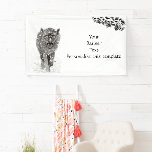 Angry Black Wolf in sneeuw, wilde winter Spandoek (Insitu)