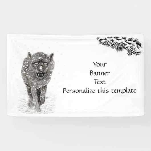 Angry Black Wolf in sneeuw, wilde winter Spandoek (Horizontaal)