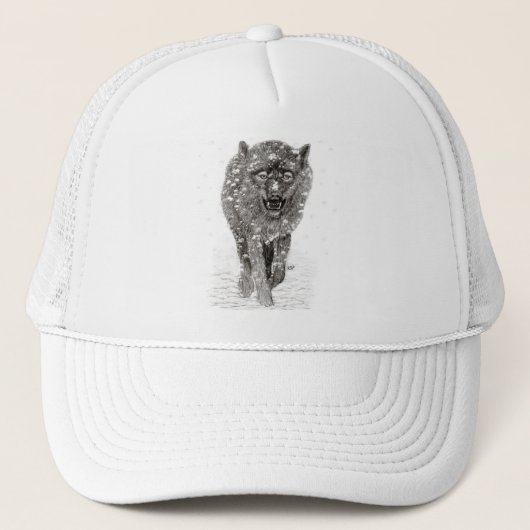 Angry Black Wolf in sneeuw, wilde winter Trucker Pet (Voorkant)