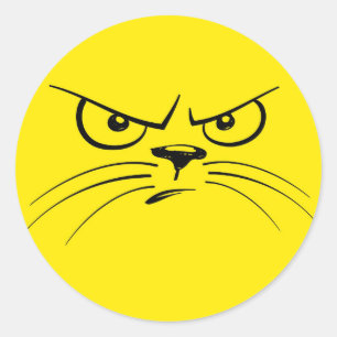 Angry Cat Cartoon Face, geel Ronde Sticker