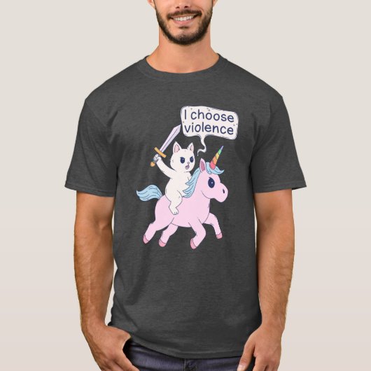 Angry Cat Riding Unicorn I Choose Violence Meme re T-shirt (Voorkant)