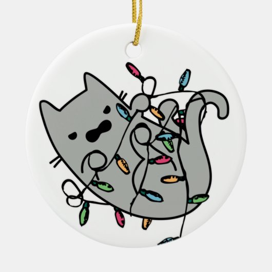 Angry Cat Tangled in kerstlampjes Cartoon Keramisch Ornament (Voorkant)