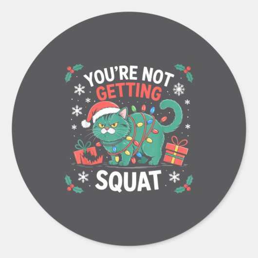 Angry Christmas Cat You're Not Getting Squat Holid Ronde Sticker (Voorkant)