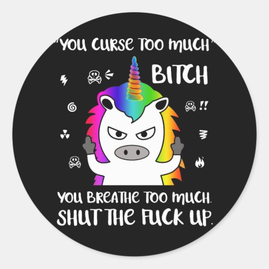 Angry Cussing Cursing Unicorn Funny Ronde Sticker (Voorkant)
