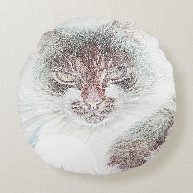Angry Cute Cate Face Sketch Rond Kussen (Voorkant)