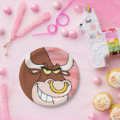 Angry Fierce Bull Mascotte met neusring Papieren Bordje (Feest)