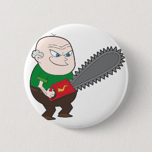 Angry man met kettingzaag cartoon ronde button 5,7 cm