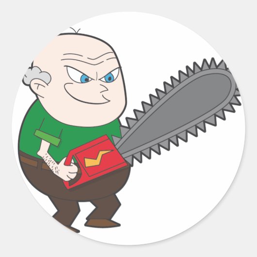 Angry man met kettingzaag cartoon ronde sticker (Voorkant)