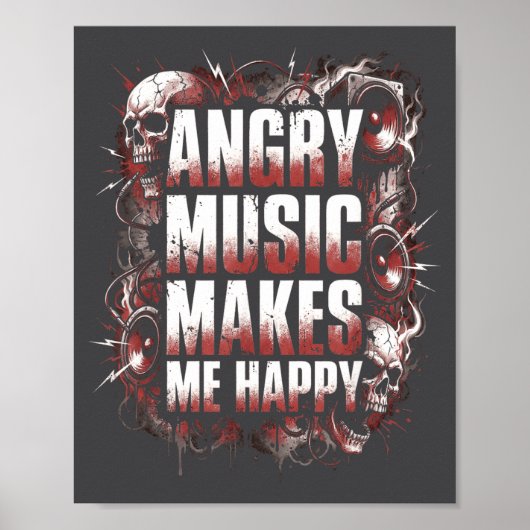 Angry Music Makes Me Happy Heavy Metal Skull Rock  Poster (Voorkant)