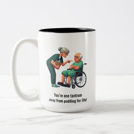 Angry Nurse Dealing With Stubborn Elderly Patient  Tweekleurige Koffiemok (Links)