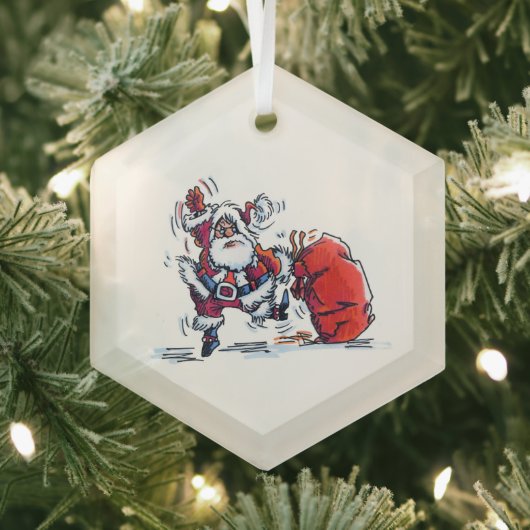 Angry Santa hexagon glass ornament (Insitu)