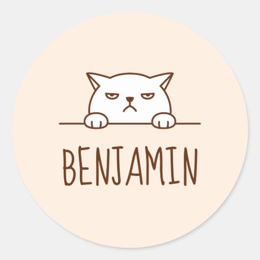 Angry White Cat Beige aangepaste naam Ronde Sticker (Voorkant)