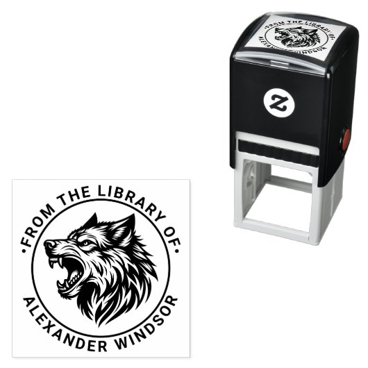 Angry Wolf Head Baring Teeth Library Boeknaam Zelfinktende Stempel (In situ)
