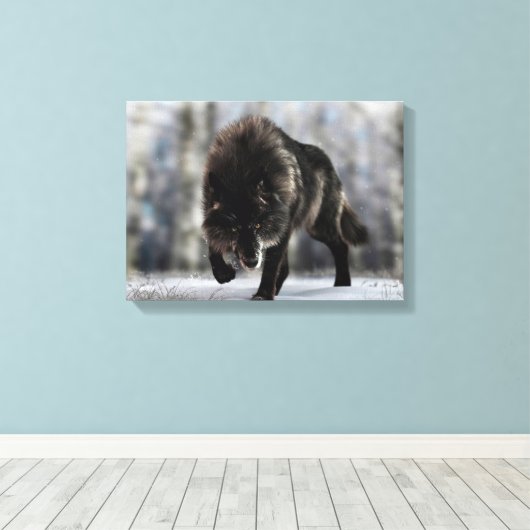 Angry zwarte wolf canvas afdruk (Insitu (Houten vloer))