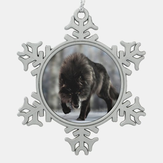 Angry zwarte wolf tin sneeuwvlok ornament (Voorkant)
