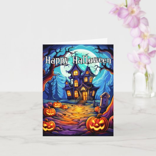 angstaanjagend spookhuis | Happy Halloween Kaart (Orchidee)