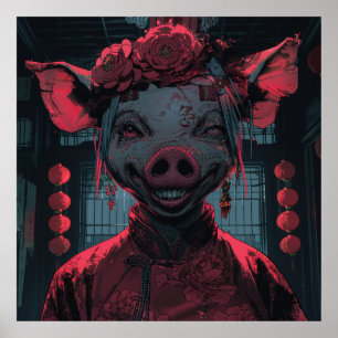 Angstaanjagende Cartoon Pig met Chinese Nieuwjaar  Poster