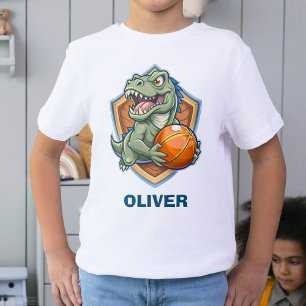 Angstaanjagende en grappige dinosaurus speelt bask t-shirt