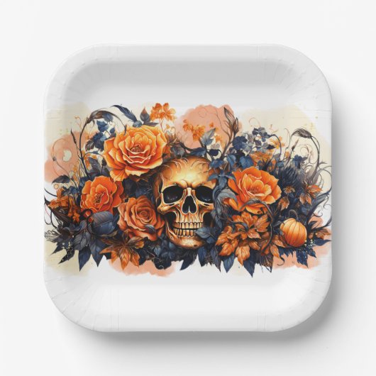 Angstaanjagende Halloween Skull Paper Borden Papieren Bordje (Voorkant)