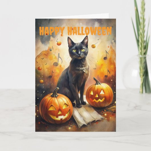 Angstaanjagende Halloween zwarte kat en pompoenen Feestdagen Kaart (Voorkant)