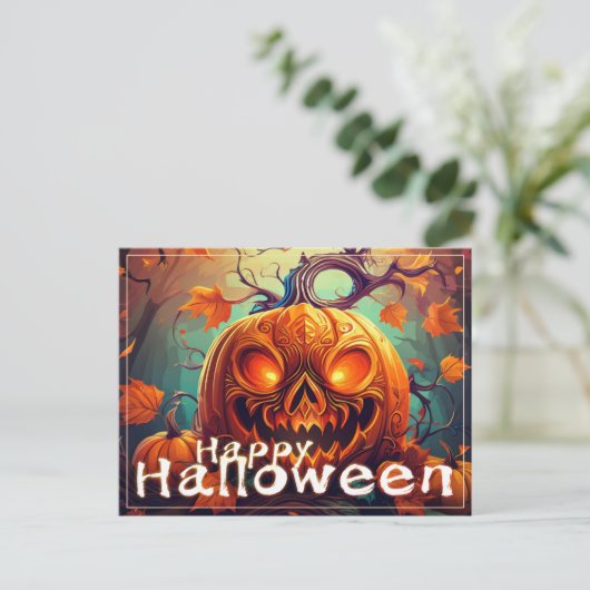 Angstaanjagende Oranje pompoen met gezicht, Hallow Feestdagenkaart (Staand voorkant)