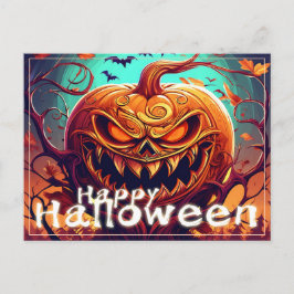 Angstaanjagende Oranje pompoen met gezicht, Hallow Feestdagenkaart