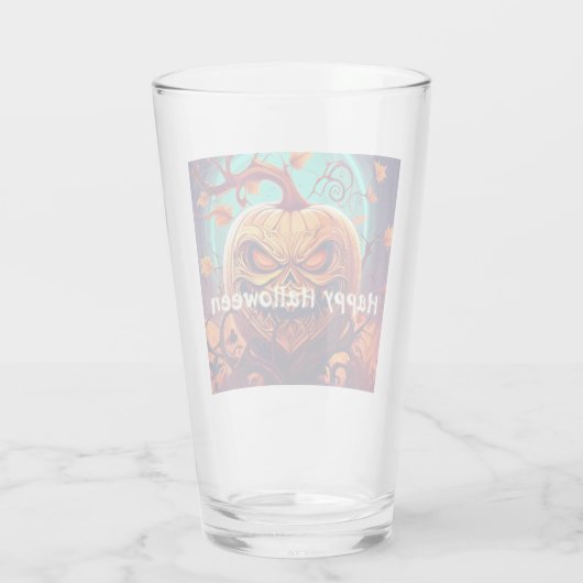 Angstaanjagende Oranje pompoen met gezicht, Hallow Glas (Achterkant)